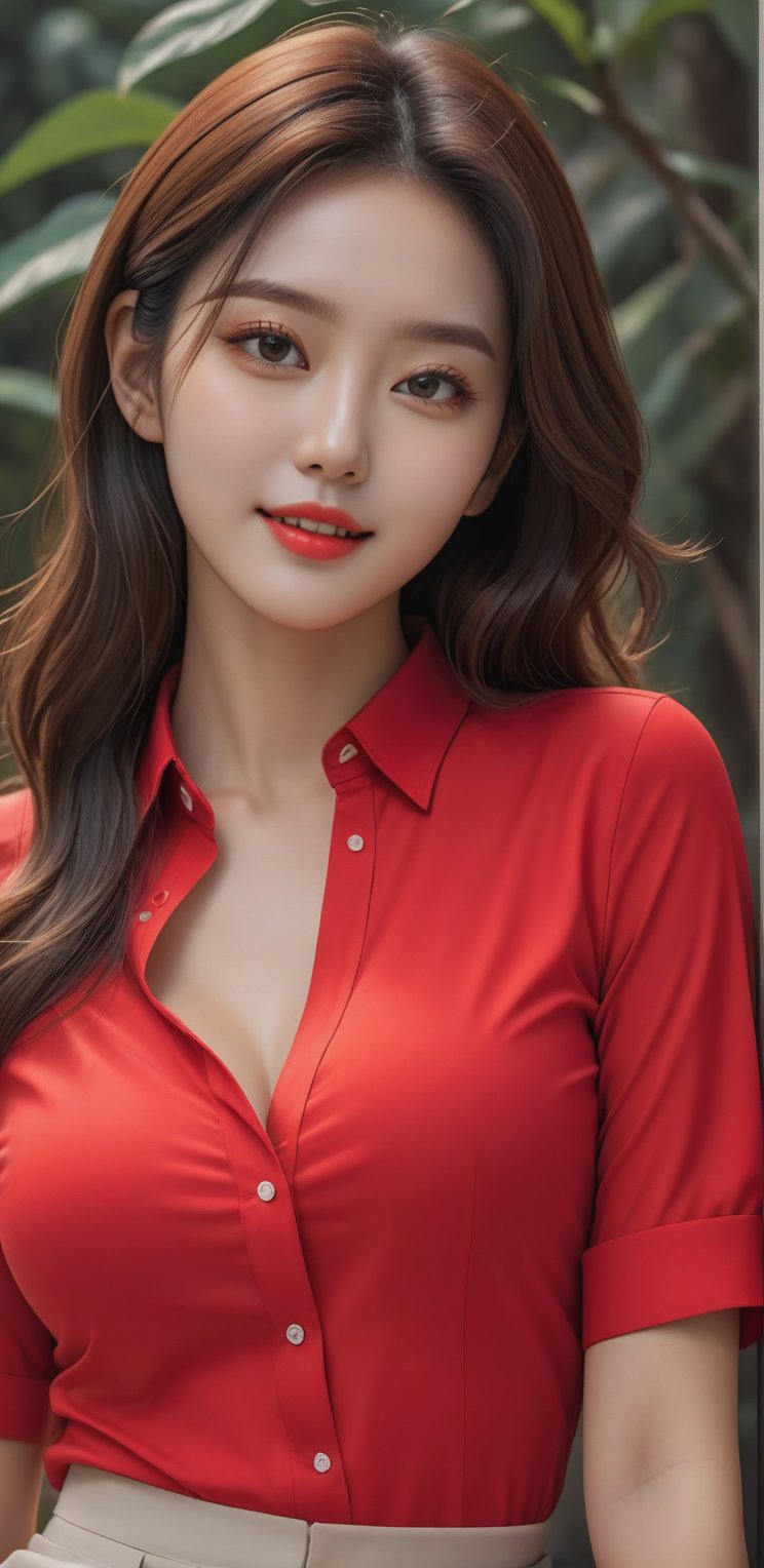 Image, highest quality, masterpiece, ultra-high resolution, surreal illustrations, natural proportions, Ultra HD, realistic and vivid colors, detailed UHD drawing, perfect composition, 8k, texture, breathtaking beauty, bright smile, pure perfection, unforgettable moved. ,Woman 1,sexy pose,Korean,red slim fit stretch shirt,skirt,