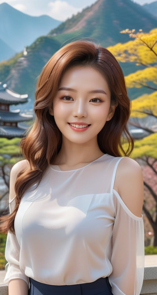 A beautiful and vivid portrait of a woman. She is wearing a neat and tidy outfit and shows off her beauty with a nice pose, her smiling lips are sexy. Her hair is brown and the background is a park with a nice mountain view. The whole piece is beautiful and has a four-dimensional feeling with super high definition. Korean,