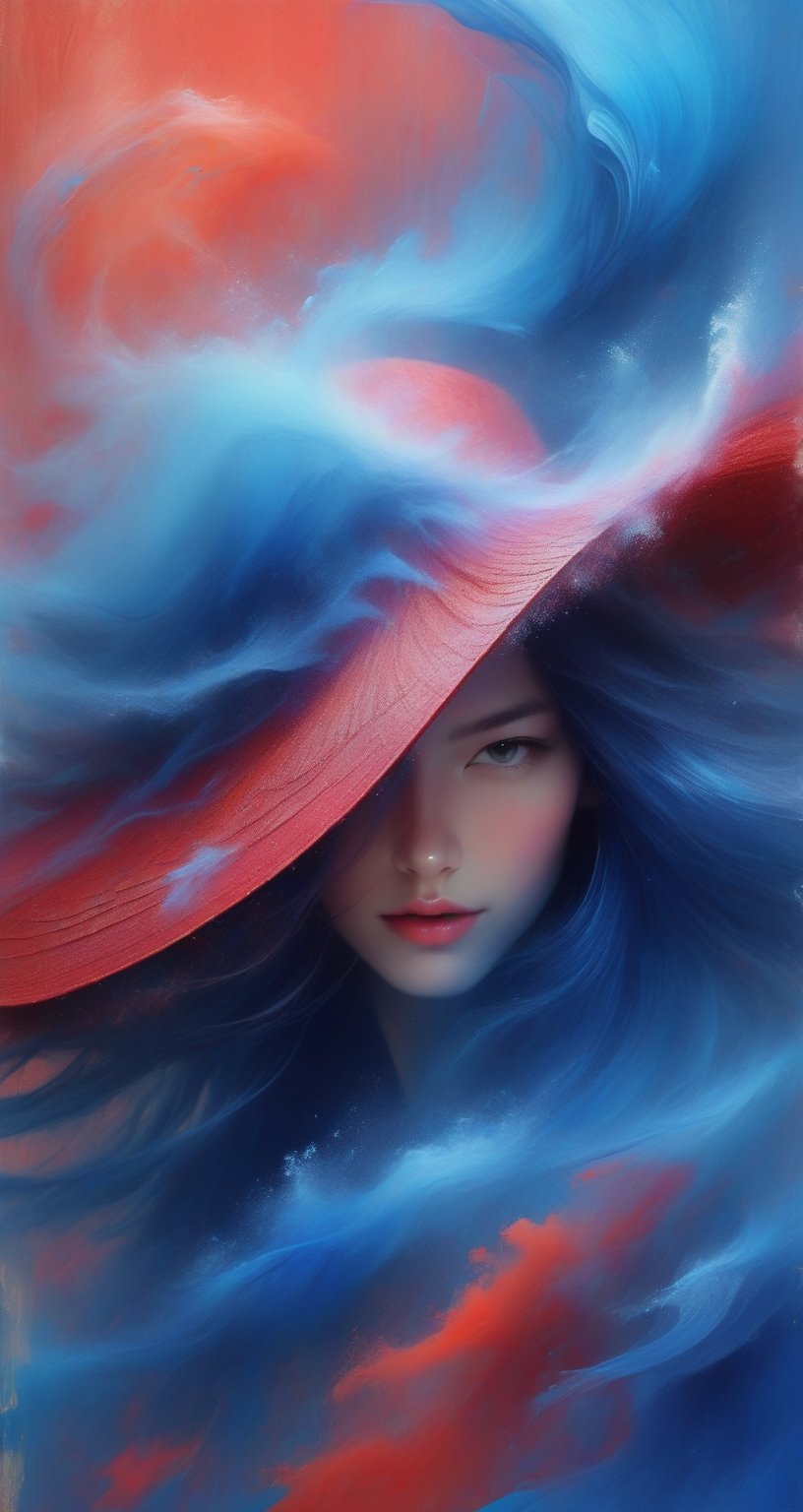 A woman wearing a wide-brimmed hat, gorgeous colors, the woman's hair breaks into small pieces and turns into powder as it moves away from her head, the abstract red background and fantastic blue gradient add to the mysteriousness, the heavy and unstructured thick brush strokes beautifully express the portrait of a woman,