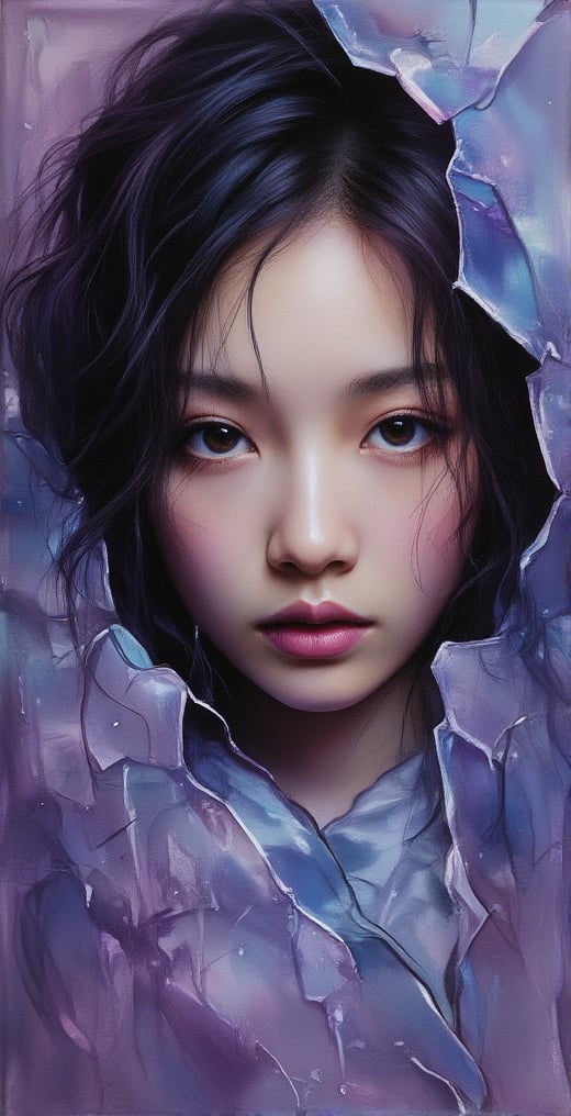 A girl's face reflected in a broken mirror, fantastic details, detailed brush strokes and oil painting, portrait style of a girl in deep thought. Gradients of purple and blue, dreamy world,