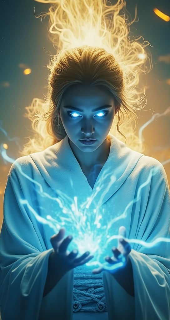 Capture an intricate medium-sized full-length portrait of a woman in her iconic white attire. Her expression is focused and intense as she casts a powerful spell. The magical energy surrounding her hands glows in vivid blue and yellow, creating a dramatic scene. Her wizard attire is detailed. Her eyes glow with supernatural energy, conveying her mystical prowess. In the background, a dynamic aura rising into the sky adds drama and intensity. This image must be rendered in ultra-high resolution (8k) to capture every detail, from her hair pointing to the sky, to the subtle nuances of her attire design.