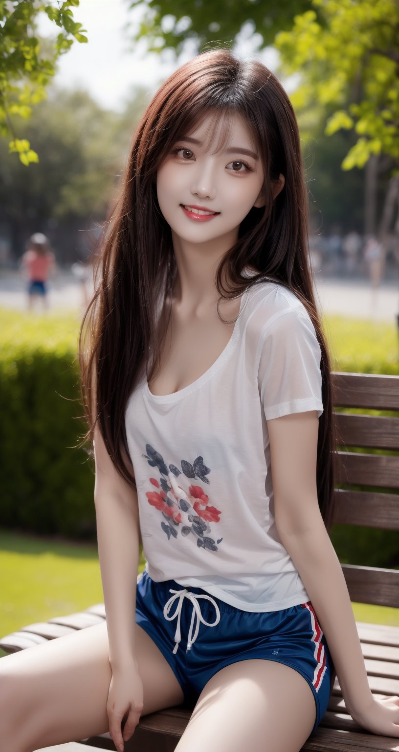 Image, top quality, masterpiece, ultra high definition, natural proportions, ultra high definition, realistic and vivid colors, detailed UHD drawing, perfect composition, 8k, texture, breathtaking beauty, bright smile, pure perfection, unforgettable emotions. , female 1, Korean, girl in red striped t-shirt sitting on park bench and looking at sky, shorts,