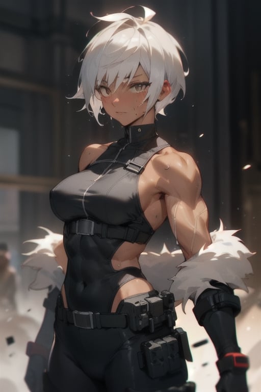 goth muscle mommy with silver hair,  very short pixie cut,  dark tan skin by user_644001381048406314 on Tensor.Art