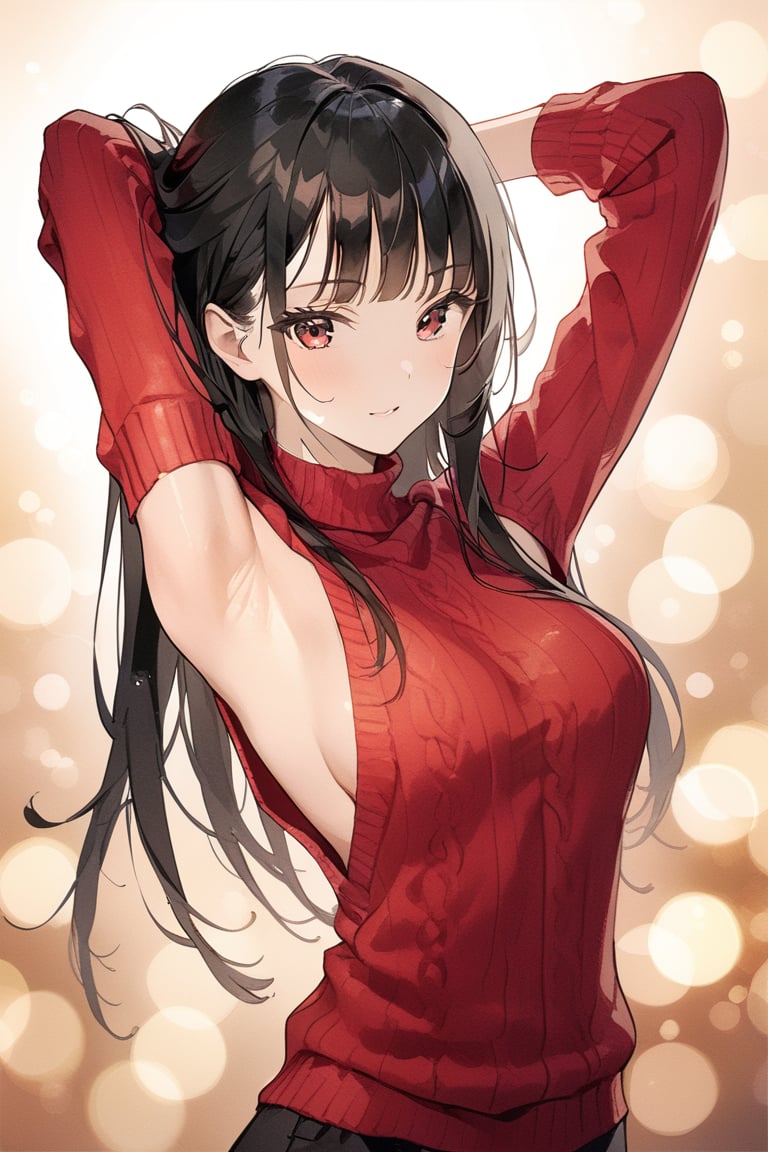 masterpiece, best quality, aesthetic,a mature woman,black-haired beauty,smooth straight hair,backless red sweater,（Split Bangs：1.4）,facing viewer, bokeh, spread armpit