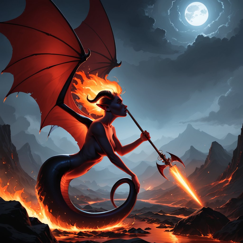 A fiery demon succubus stands defiantly on a windswept hillside,  her horned head held high as she brandishes a wicked dev...