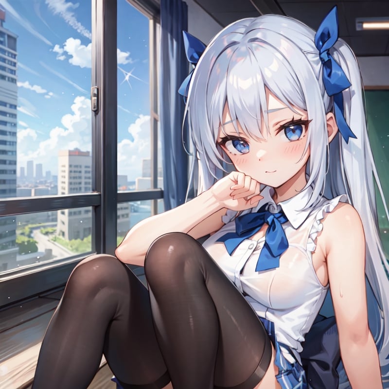 1girl, long hair, silver color hair, arrange hair,ribbon accessory,knit and miniskirt coordinate, black tights, ribbon pumps, girl's mirage ,cute lady, big breasts,school party Time, Beautiful lady, another city mirage world, small devil, seduce face,