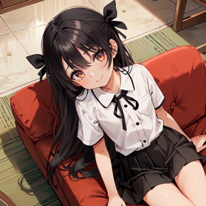 1girl,Brown eyes, black hair, long hair, flat chest, petite, hair ribbon, short sleeves, skirt, sitting,lying,leaning back, sofa, smile, from_above, indoors, niji, perfect_eyes,photo of perfect, eyes,