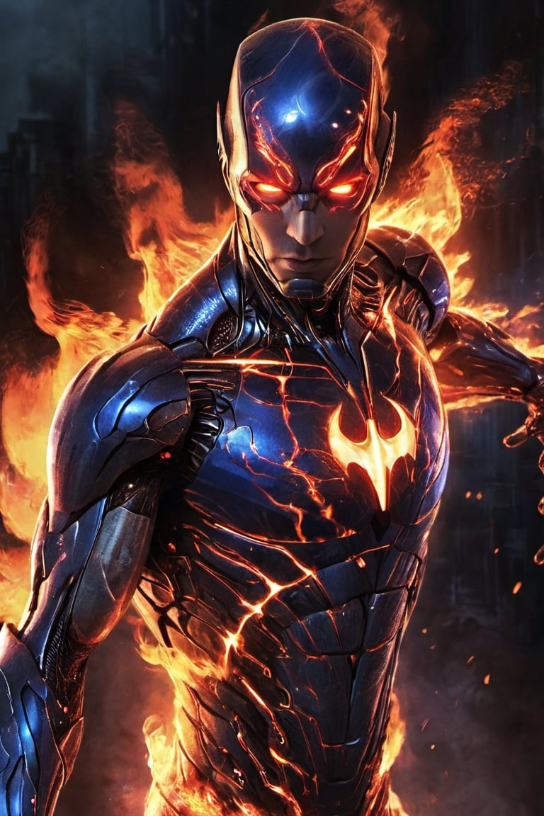 Create a image of Humanoid allien casting fire around him.male allien, red eyes , detailed face , futuristic , red and blue aura, dark lighting , ,flmngprsn,Ultron ,Monster, batman, dark knight,