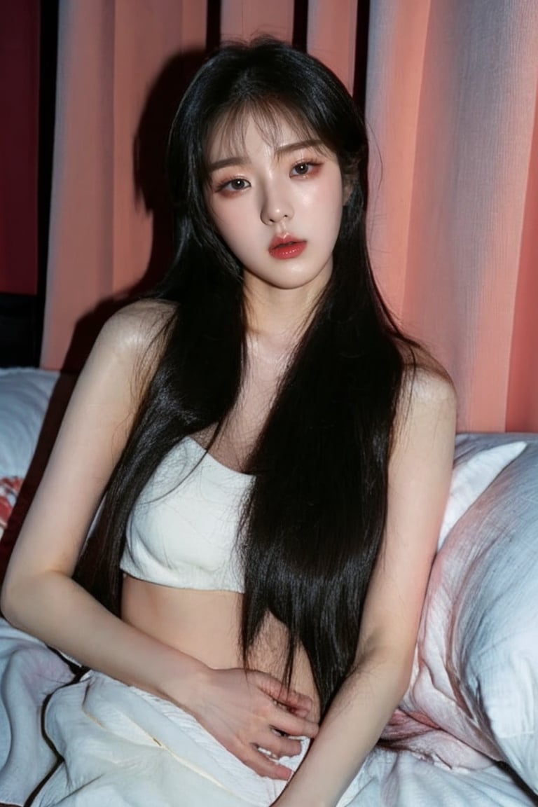 1girl,  slender pale white Korean girl K-pop idol, long hair,  instagram model,  50mm, flash photography,  real life, cute face, middle breasts, school_girl,  pretty, Korean, sexy, ((nude)), full_body, (((sleeping))), bed_sheets,