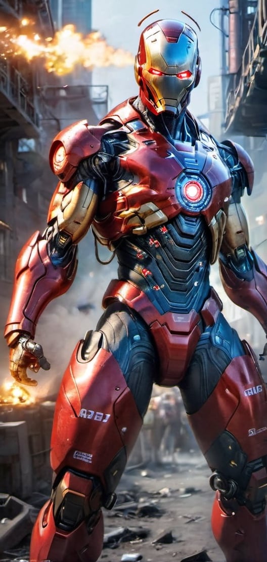 Create a image of cyborg allien casting fire around him.male allien, red eyes ,scary , enraged detailed face , futuristic , red and blue aura, dark lighting , ,flmngprsn,Ultron, marvel, mecha, iron_man, MK48, red color custom, all red color, (red color shoulder), red color legs,