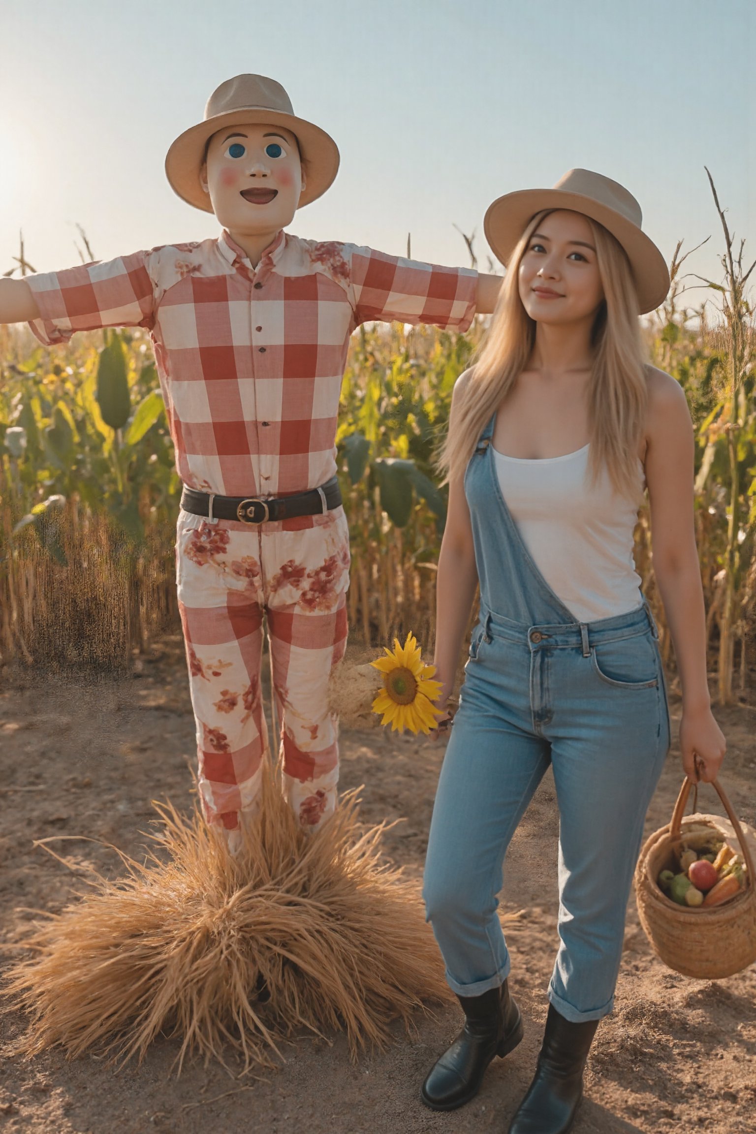 Score_9,
sun. Clear sky. daytime. The farmer and the scarecrow, wearing white tanks, blue trousers and black boots. She wore a straw hat with a yellow sunflower on the brim. She was carrying a basket of freshly harvested corn. Next to it was the cornfield of which she was so proud. There is also a cute scarecrow that has just been erected in the middle of the farmland.
1girl, solo, long hair, big breasts, looking at the audience, with an excited expression, light lipstick on her lips, big breasts, blonde gradient hair, light yellow eyes, carrying a basket of freshly harvested corn in both hands, wearing a white tank top and blue Cow overalls and black boots. Walking in the farm, a young and sexy female farmer has another child. Extreme Detail, Cinematic Shots, Photorealistic Illustrations, (Soothing Tone: 1.3), (Ultra Detailed: 1.2), Masterpiece, RAW, Best Quality), (Vivid Colors: 1.3), Best Quality, Masterpiece, Beauty & Aesthetics, 16K, (HDR: 1.4), High Contrast, (Vivid Colors: 1.4), (Quiet Colors, Dull Colors, Soothing Colors: 0), Cinematic Lighting, Ambient Lighting, Side Lighting, Fine Details and Textures, Movie Lens, Warm, Full Body (Bright and Intense: 1.2)), (Masterpiece, Top Quality, Best Quality, Official Art, Beautiful: 1.2), HDR, High Contrast, Wide Shot (High Detail) Skin: 1.2) (Happy Farm theme).