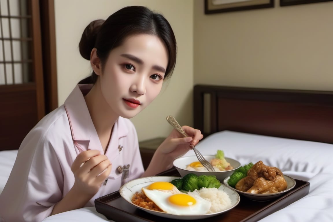 Lying on the hospital bed was an old lady with an oriental face and a weak body. There is a Chinese dinner plate from the hospital on the bed. The plate contains rice, eggs, tofu and vegetables. A young female nurse is feeding the meal gently. She has an oriental face, like the singer Jolin Tsai, her facial lines should be clear and her fingers should be clear