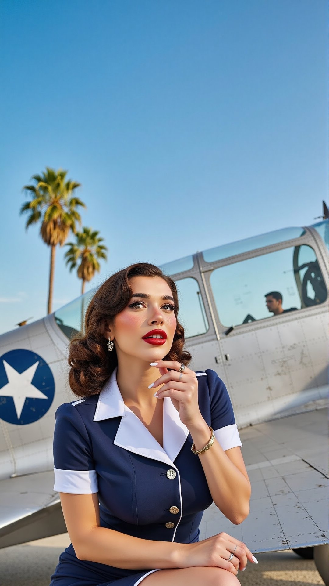 A retro-style photoshoot featuring a glamorous woman sitting on the wing of a vintage military aircraft. She is dressed in...