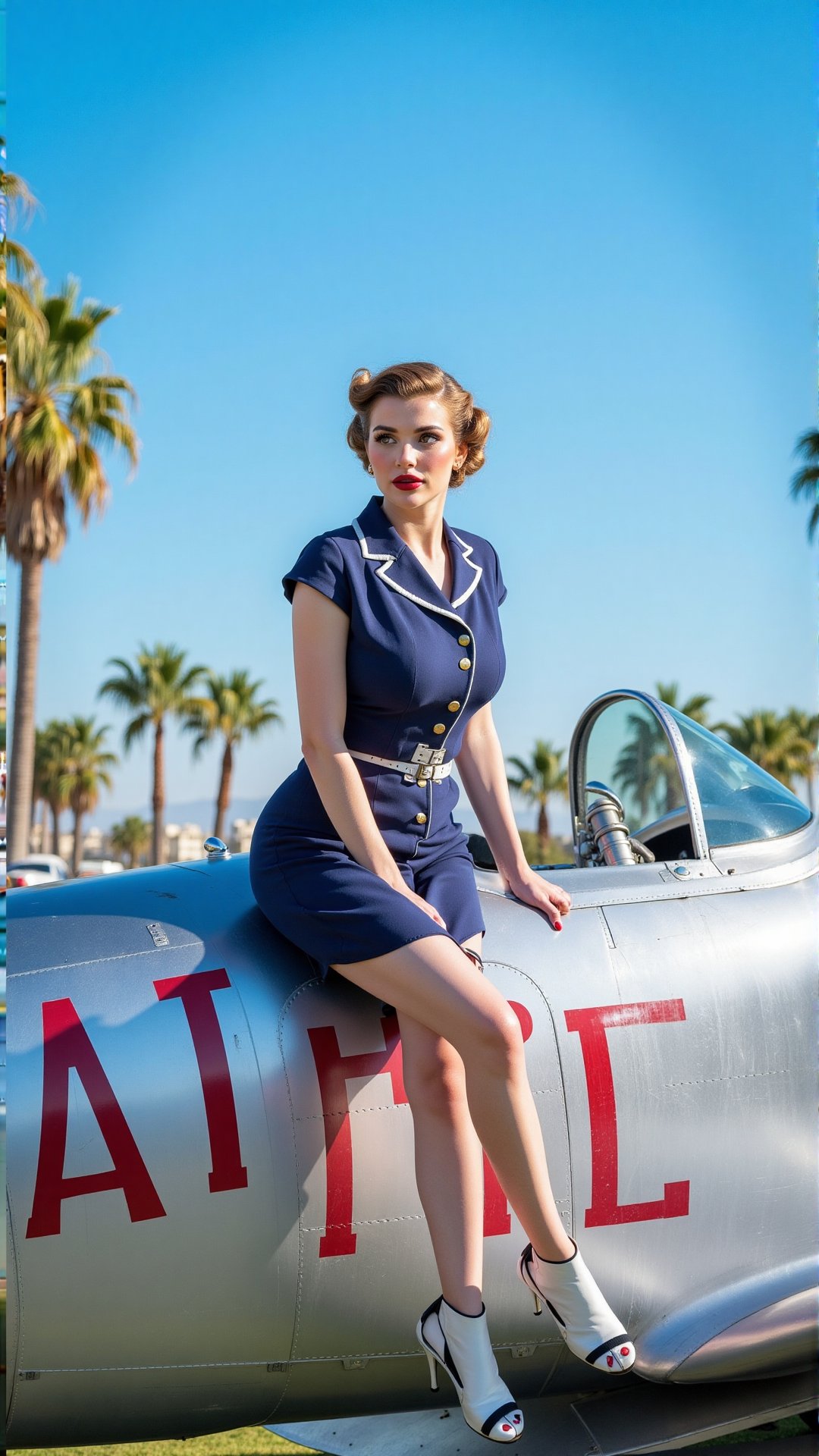 A retro-style photoshoot featuring a glamorous woman sitting on the wing of a vintage military aircraft. She is dressed in...