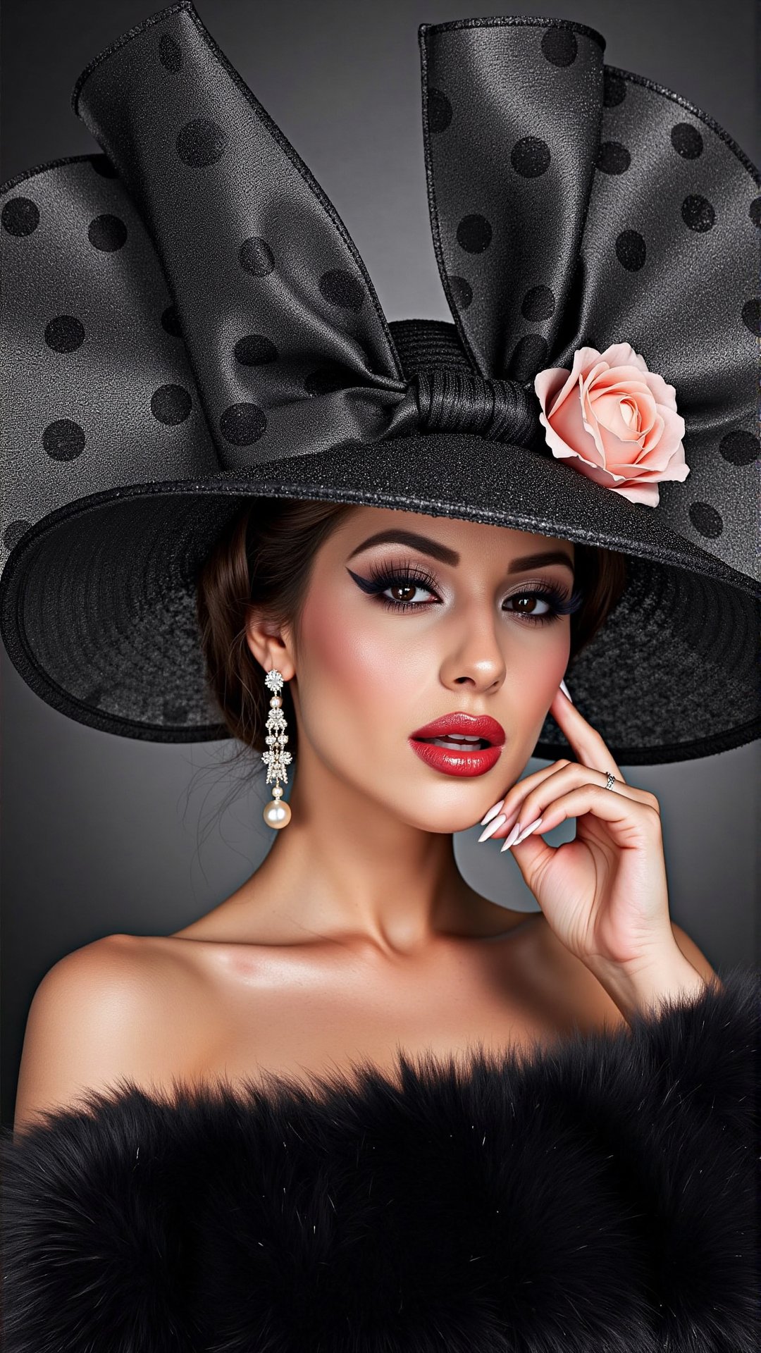 Create a highly detailed and artistic image of a glamorous woman dressed in an elegant black off-the-shoulder gown. She is...