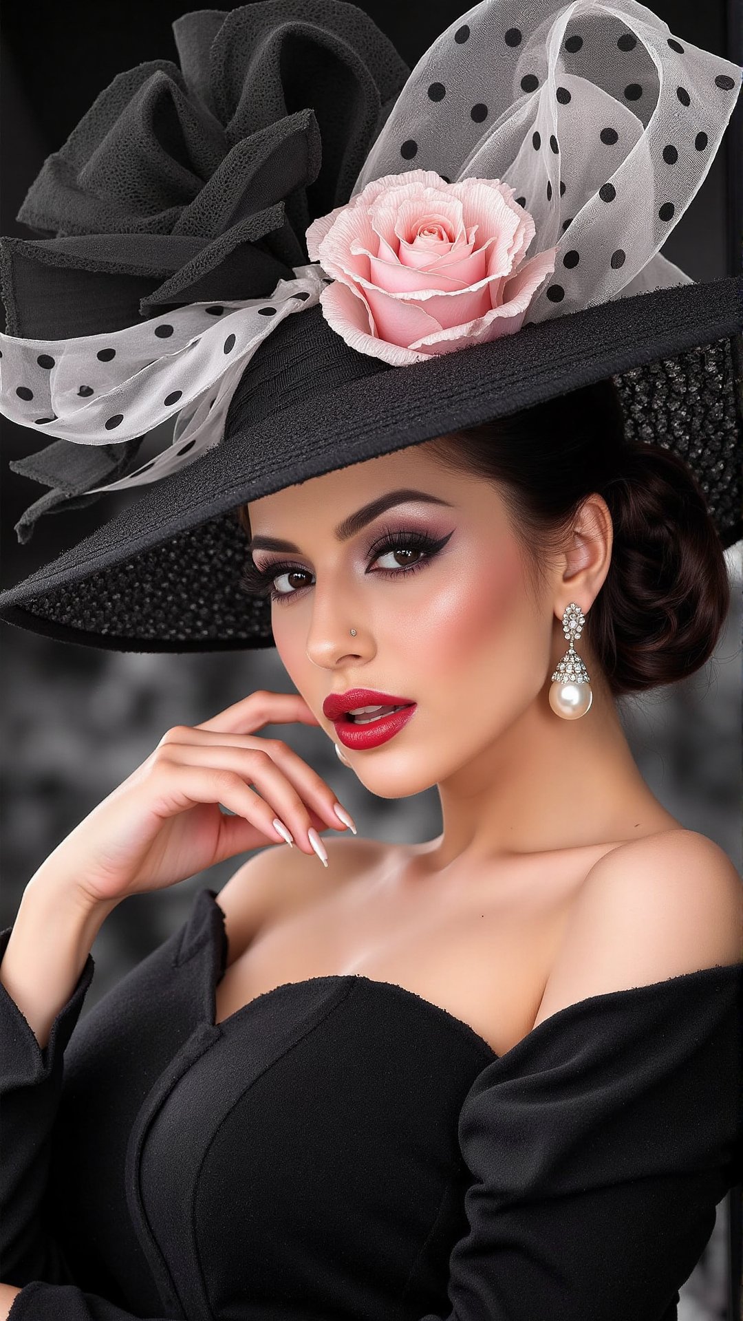 Create a highly detailed and artistic image of a glamorous woman dressed in an elegant black off-the-shoulder gown. She is...