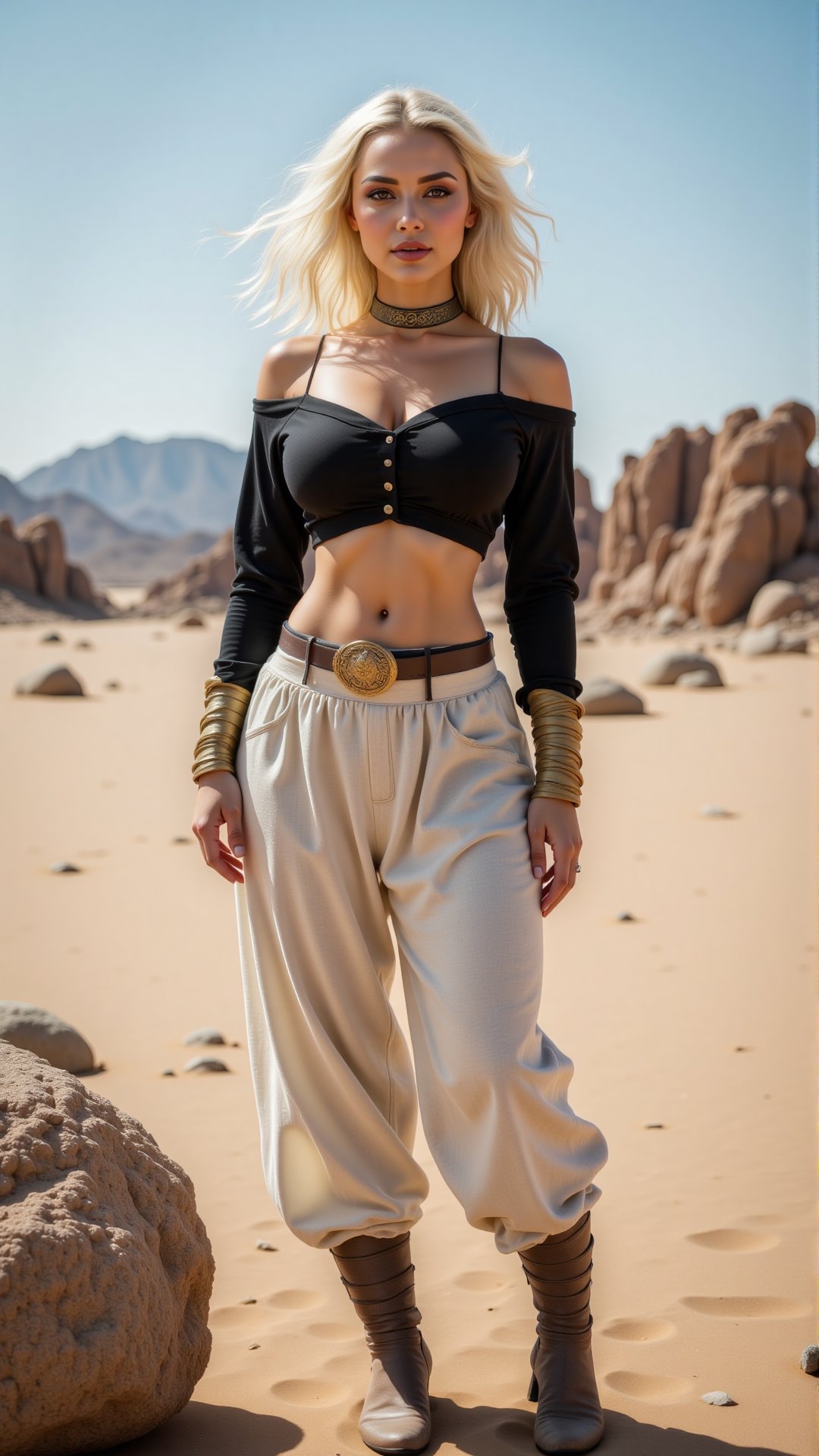 Create a hyper-realistic image of a fantasy-inspired warrior woman standing confidently in a vast desert landscape with ro...