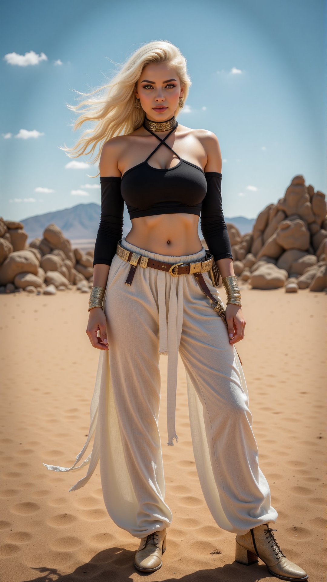 Create a hyper-realistic image of a fantasy-inspired warrior woman standing confidently in a vast desert landscape with ro...