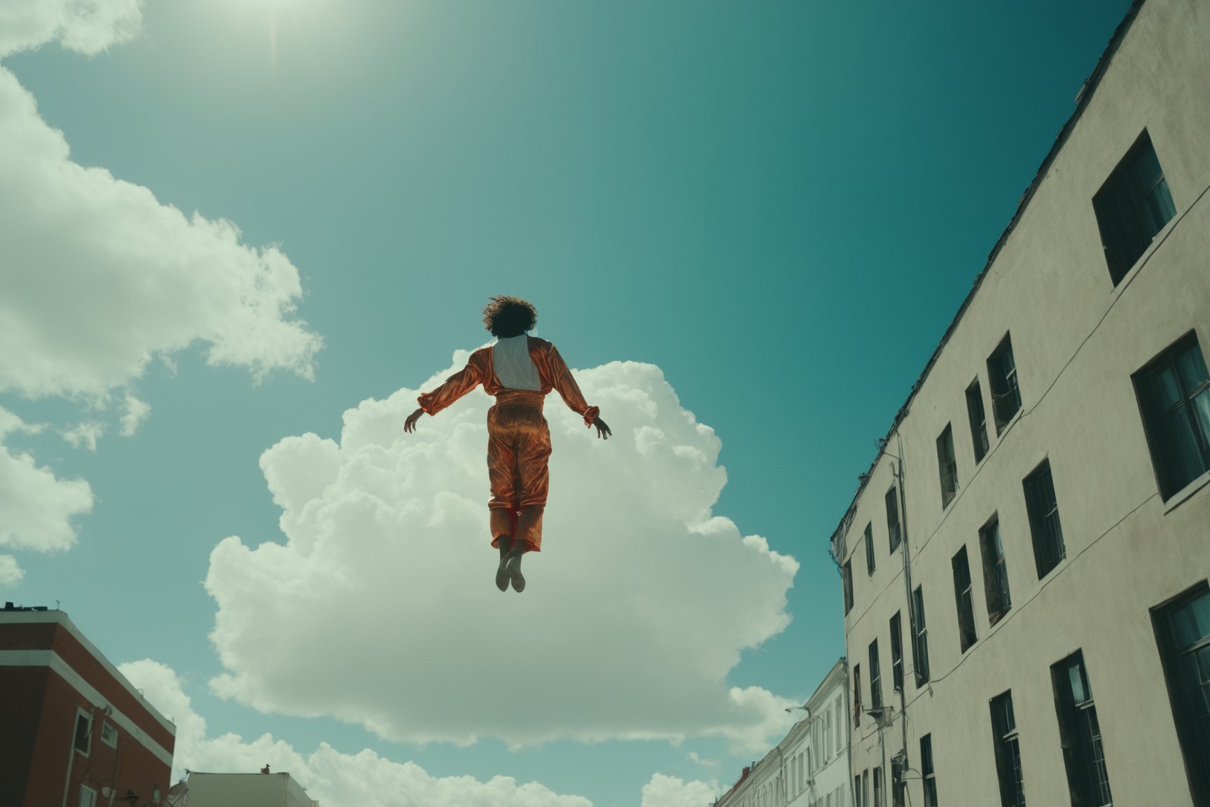 ake a picture of a shining person's form float in the air high over the small city, cloud, wide shot, Hyper-detailled, 32k, Super High definition, Vibrant Colors, Soft focus, Ultra Smooth,Soft natural look, Full shot, art by Lenkaizm, photorealistic, realism, movie still, film still, cinematic shot, dreamwave, aesthetic,photo r3al