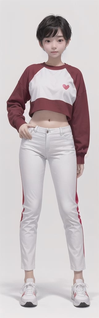 realisitc, (simple white background), 1 Korean girl, slight smile, full body, large pelvis, little big breasts, narrow waist, healthy thighs, height 168 cm, 21 yo, solo, navel, black hair, Short pixie hair,  standing, long sleeves, shoes, (Black:1.0) pants, (White:1.0) footwear, sneakers, (White:1.0) shirt (red:0.5) heart only 1 print (multi color:1.3) taxt " I love you "