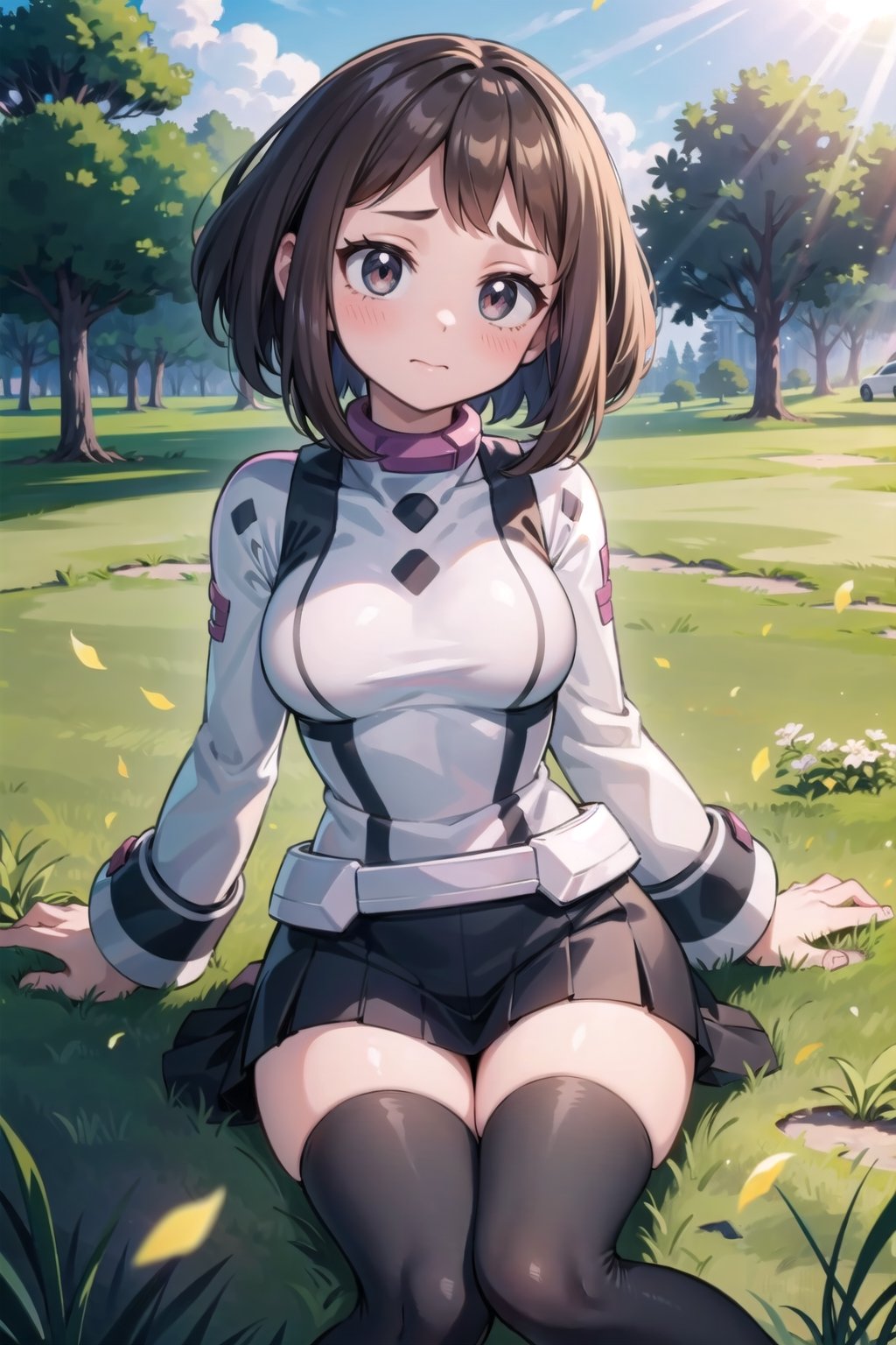 (masterpiece), outside, sunlight, light rays, light particles, blushing, 1girl, grass, black stockings,
long sleeve, medium breasts, short smooth hair, face only, Uraraka Ochako