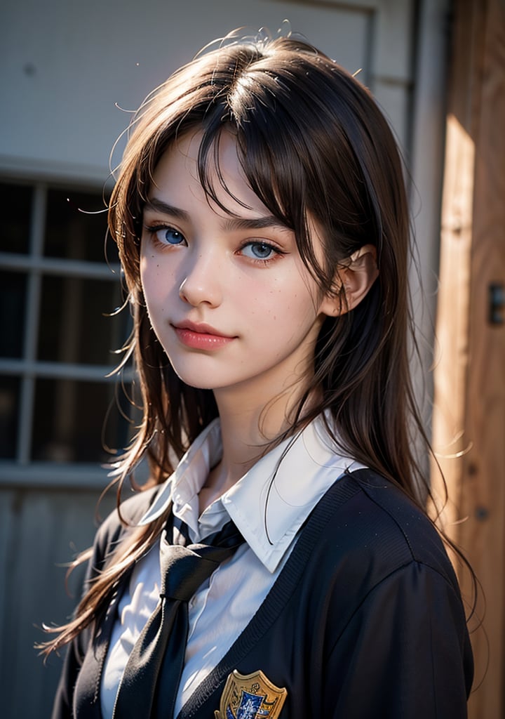 Best quality, masterpiece, ultra high res, (photorealistic:1.5), raw photo, 1girl, Beautiful eyes, cinematic, atmospheric effects, School girl, School uniform, teasy look. smirk, smug