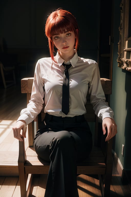 Best quality, masterpiece, ultra high res, (photorealistic:1.5), raw photo, 1girl, Beautiful eyes, cinematic, atmospheric effects, Makima, sitting on throne, wearing long sleeve shirt with tie, black pants, smiling, cross legs