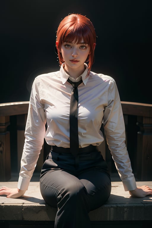 Best quality, masterpiece, ultra high res, (photorealistic:1.5), raw photo, 1girl, Beautiful eyes, cinematic, atmospheric effects, Makima, sitting on throne, wearing long sleeve shirt with tie, black pants, smiling, cross legs