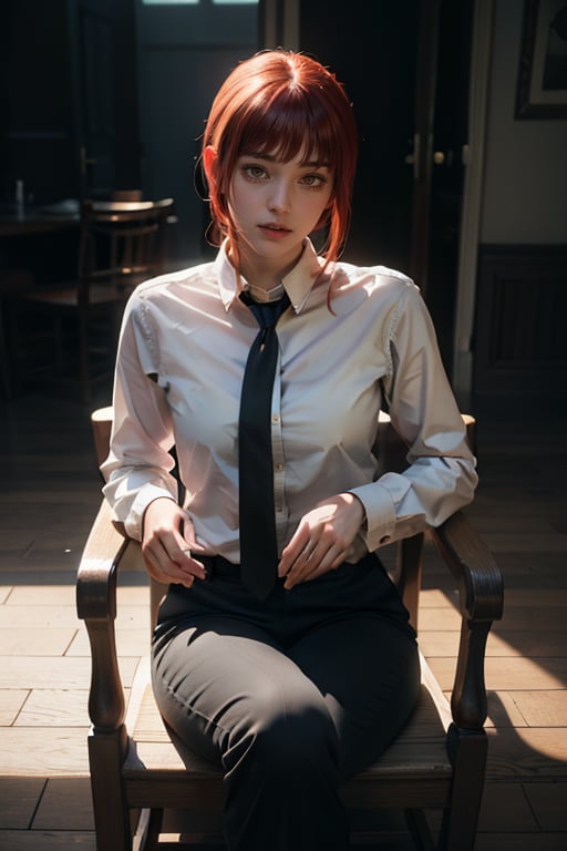 Best quality, masterpiece, ultra high res, (photorealistic:1.5), raw photo, 1girl, Beautiful eyes, cinematic, atmospheric effects, Makima, sitting on throne, wearing long sleeve shirt with tie, black pants, smiling, cross legs