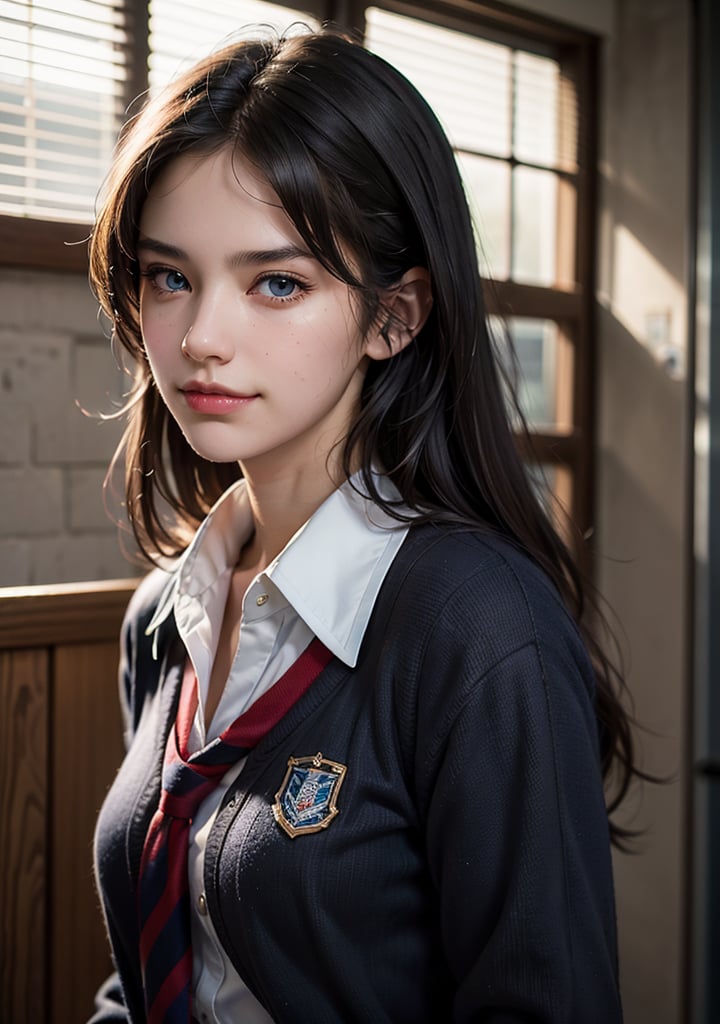 Best quality, masterpiece, ultra high res, (photorealistic:1.5), raw photo, 1girl, Beautiful eyes, cinematic, atmospheric effects, School girl, School uniform, teasy look. smirk, smug