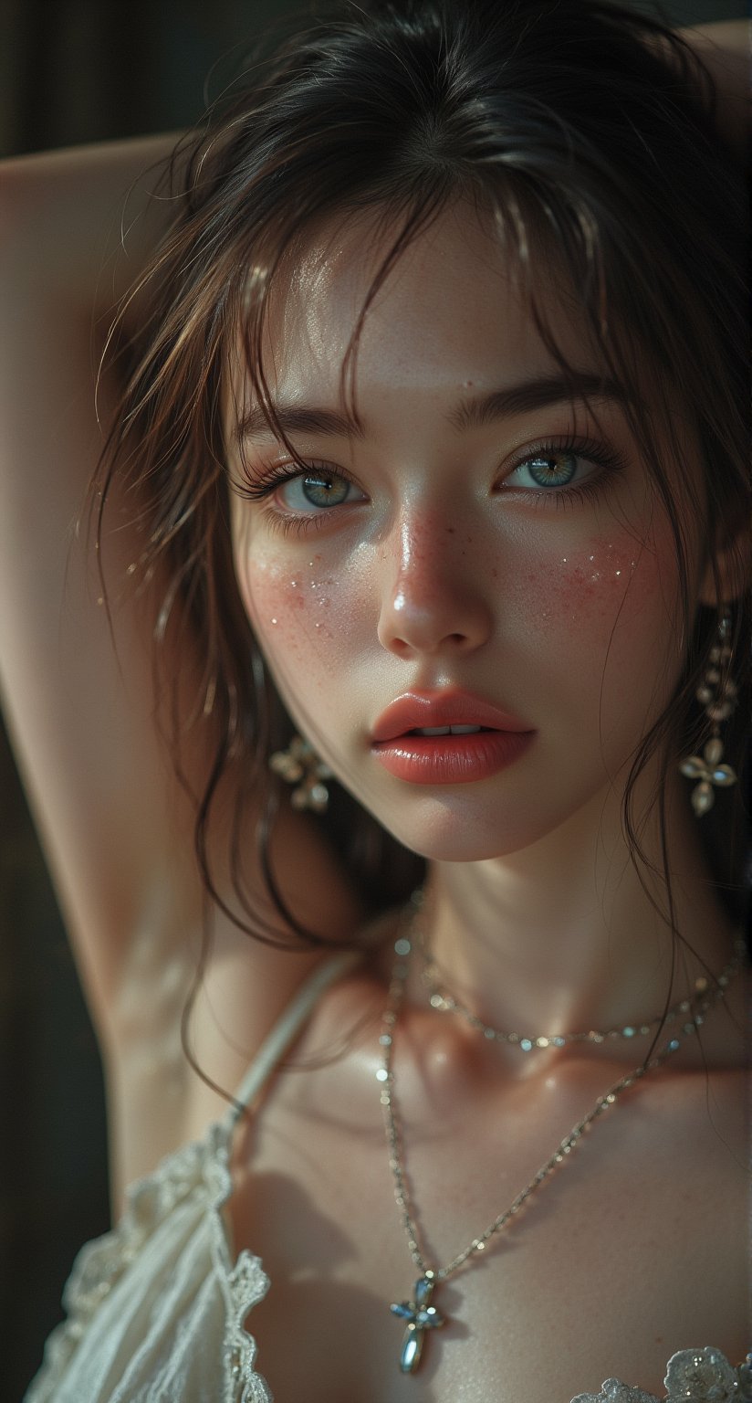 full body camera shot, A striking young woman with an intense yet sweet gaze. She raise her armpit and show them. She has little freckles on the cheek. she wear crystal necklace and cross earring.
