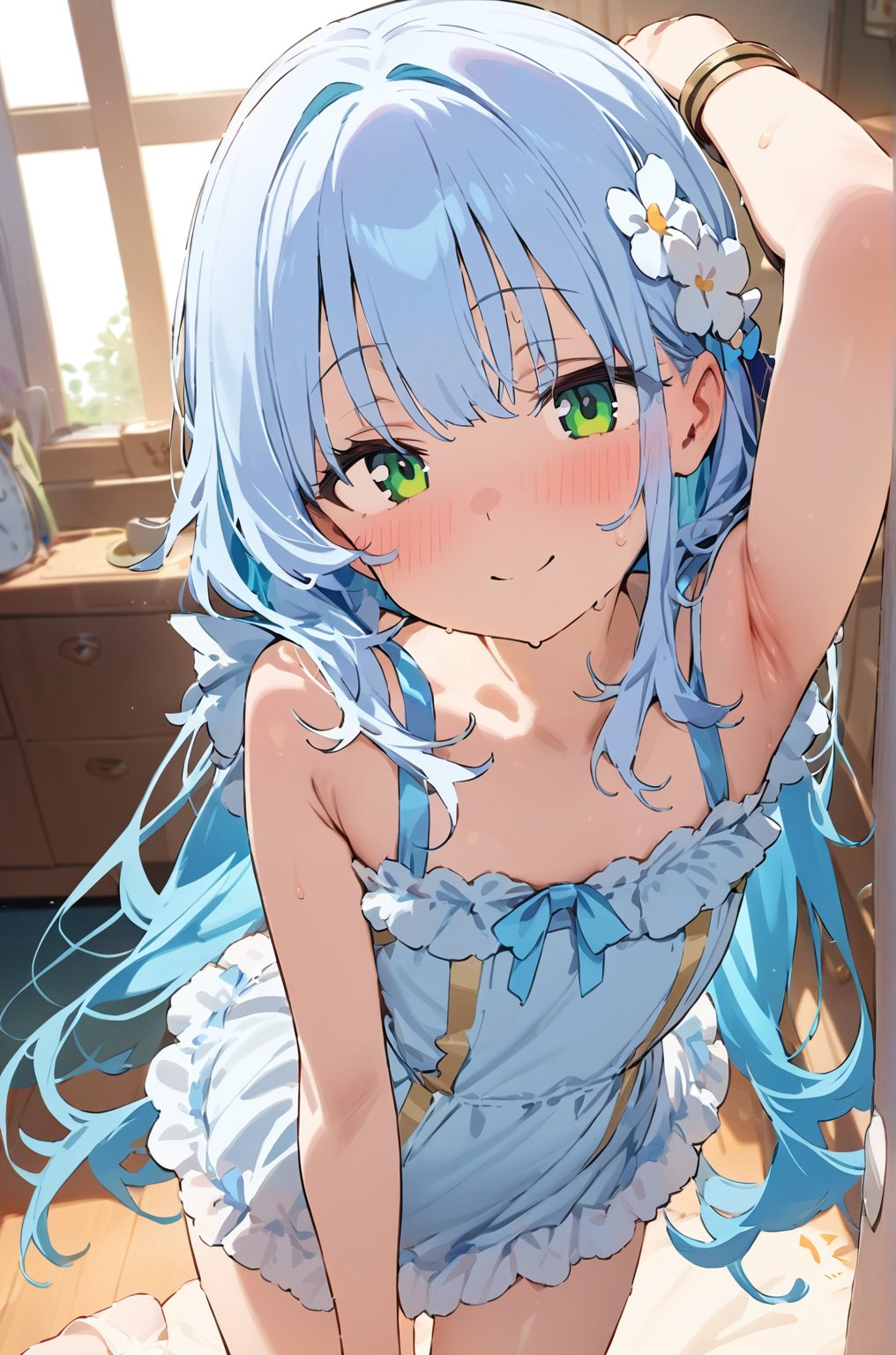 masterpiece, best quality, extremely detailed, (illustration, official art:1.1), 1 girl ,(((( light blue hair)))), ,(((( light blue long hair)))),light blue hair, ,((blush)) , cute face, big eyes, masterpiece, best quality,(((((a very delicate and beautiful girl))))),Amazing,beautiful detailed eyes,blunt bangs((((little delicate girl)))),(((tareme))),droopy eyes.(true beautiful:1.2), sense of depth,dynamic angle,,,, affectionate smile, (true beautiful:1.2),,(tiny 1girl model:1.2),)(flat chest), score_9, score_8_up, score_7_up, score_6_up, score_5_up, score_4_up, masterpiece, best quality, source_anime
show armpit, armpit stubble, armpit exposed