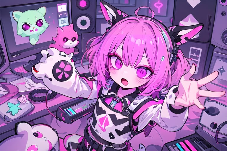 a_girl, frontal, kawaii_creature, color_magenta, magenta_potion, music_producer, future_bass