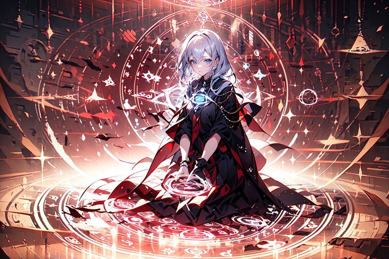 1girl, magic circle_v2.0:0.8,magic circle,portrait,kneeling, silver_hair, violet, blue, detailed_face, perfect_eyes
