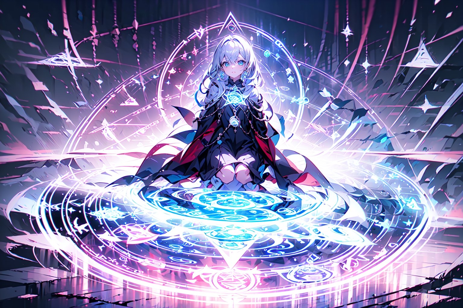 1girl, magic circle_v2.0:0.8,magic circle,portrait,kneeling, silver_hair, violet_background, blue, detailed_face, perfect_eyes, orchestral
