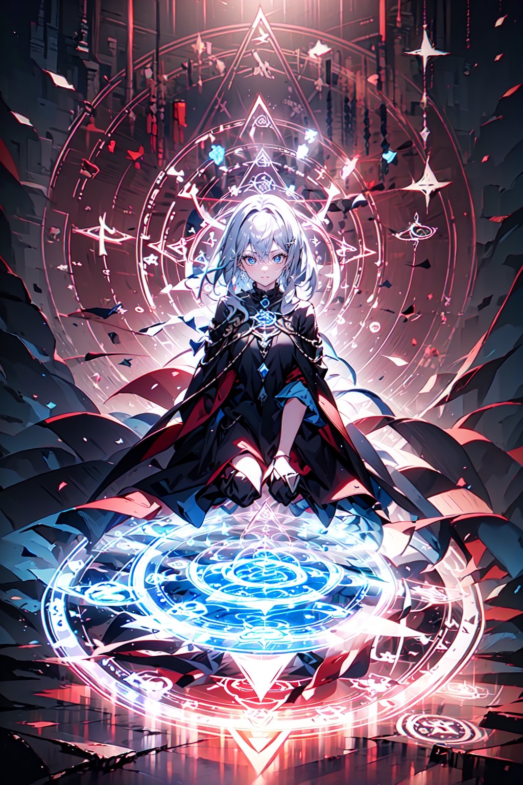 1girl, magic circle_v2.0:0.8,magic circle,portrait,kneeling, silver_hair, red, blue, detailed_face, perfect_eyes
