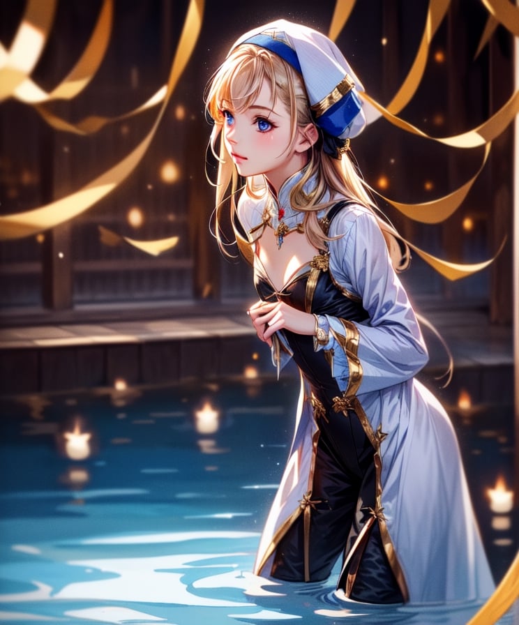 (masterpiece, best quality:1.3, ultra-realistic, 8k, photoshop, realistic illustration) 1girl, young girl,small girl,loli, flat chest, cleavage,nun dress, skinny, golden hair, blue eyes,fountain,old town background