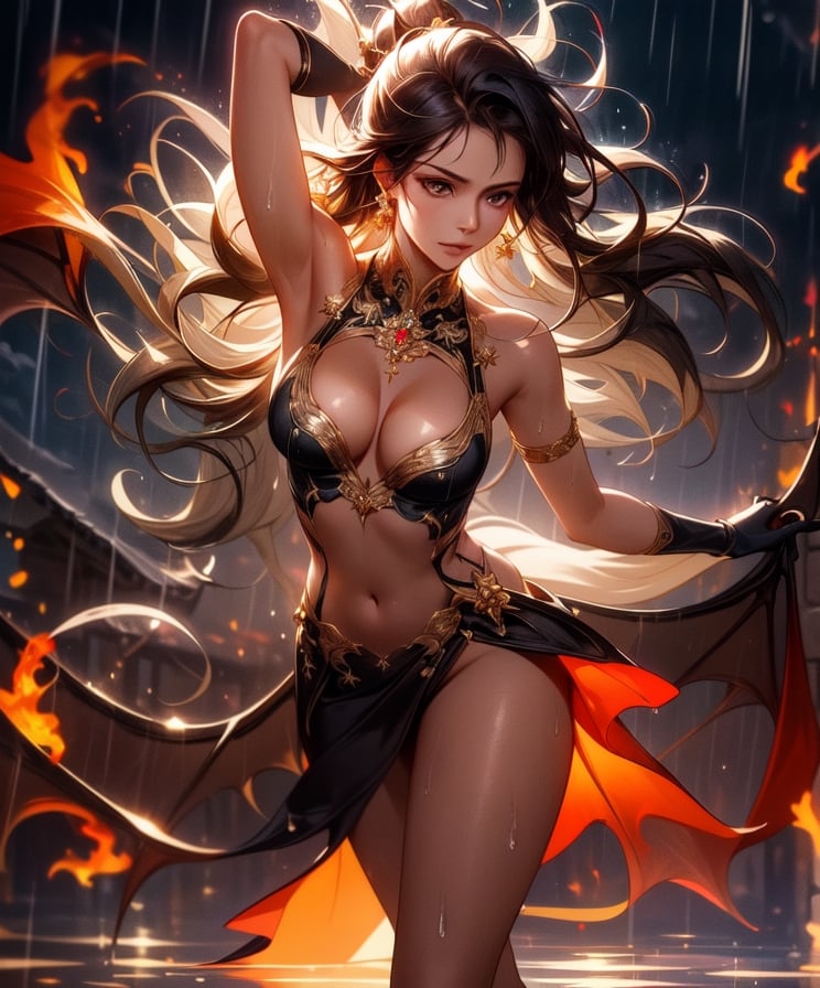 (masterpiece, best quality:1.3, ultra-realistic, 8k, photoshop, realistic illustration,) 1girl,medieval town, dragon tail,light skin,reflection,black dress, shiny skin,sunshine ,rain, flames, w arms,stomach,stocking, heels,medium breasts, black hair, pale skin,, long gloves, dance pose,