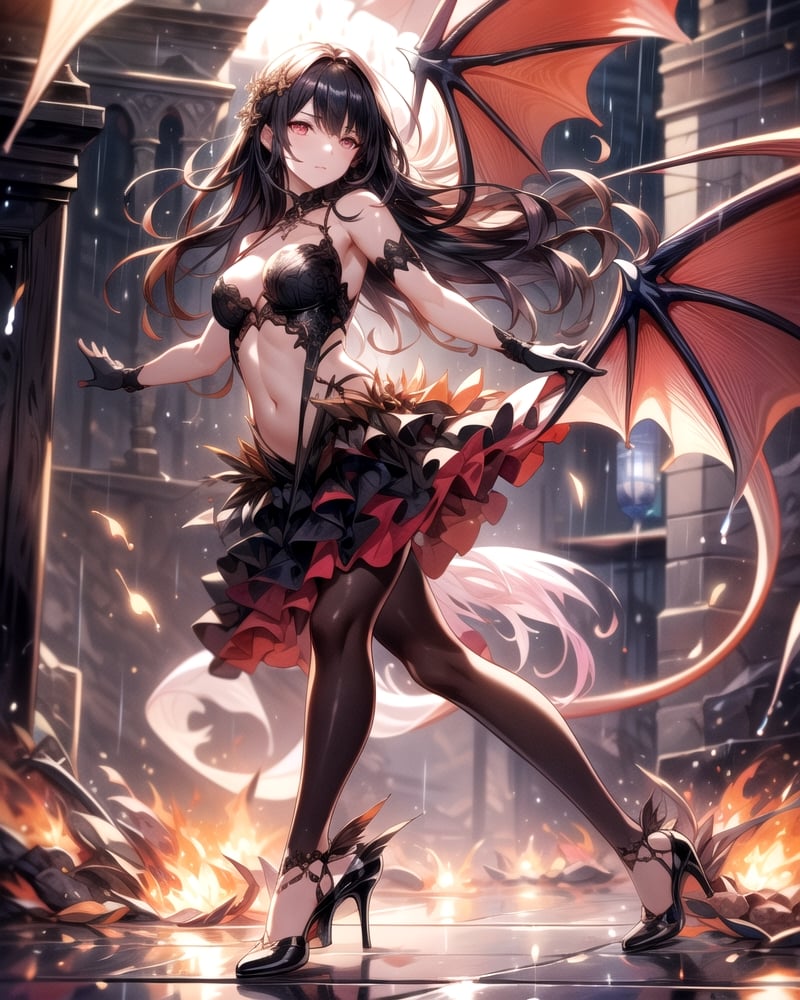 (masterpiece, best quality:1.3, ultra-realistic, 8k, photoshop, realistic illustration,) 1girl,medieval town, dragon wings ,dragon tail,light skin,reflection,black dress, shiny skin,sunshine ,rain, flames, w arms,stomach,stocking, heels,medium breasts, black hair, pale skin,, long gloves, dance pose,