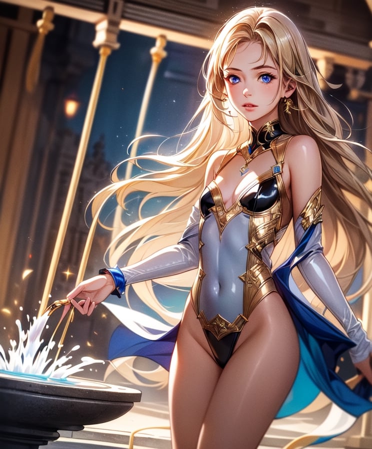 (masterpiece, best quality:1.3, ultra-realistic, 8k, photoshop, realistic illustration) 1girl, young girl,small girl,loli, flat chest, cleavage, latex,nun dress, skinny, golden hair, blue eyes,fountain,