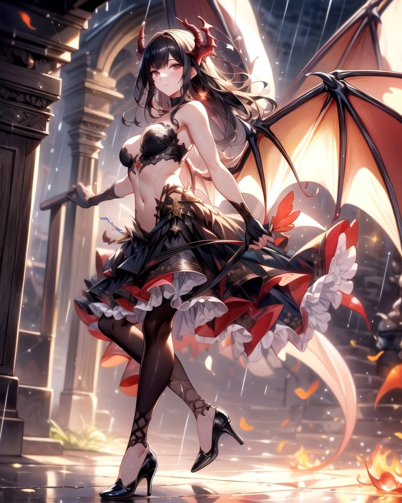 (masterpiece, best quality:1.3, ultra-realistic, 8k, photoshop, realistic illustration,) 1girl,medieval town, dragon wings ,dragon tail,light skin,reflection,black dress, shiny skin,sunshine ,rain, flames, w arms,stomach,stocking, heels,medium breasts, black hair, pale skin,, long gloves, dance pose,