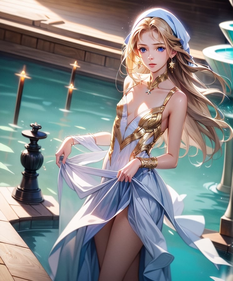 (masterpiece, best quality:1.3, ultra-realistic, 8k, photoshop, realistic illustration) 1girl, young girl,small girl,loli, flat chest, cleavage, latex,nun dress, skinny, golden hair, blue eyes,fountain,