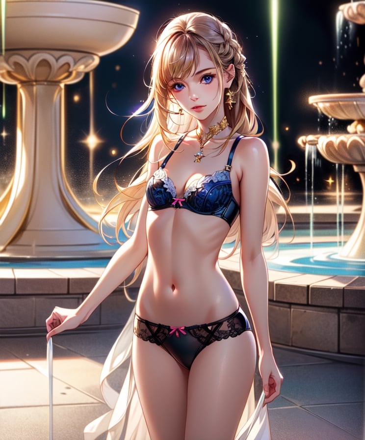 (masterpiece, best quality:1.3, ultra-realistic, 8k, photoshop, realistic illustration) 1girl, young girl,small girl,loli, flat chest, cleavage, latex underwear,nun dress, skinny, golden hair, blue eyes,fountain,old town background