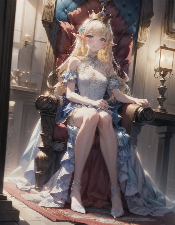 (masterpiece, best quality:1.3, ultra-realistic, 8k, photoshop, realistic illustration,) 1girl, pale skin, skinny, blush, shiny hair,light,crown ,dust particles,yellow hair,princess dress, blue eyes, elf, throne, white  room, red rug, lamps, ,FFIXBG