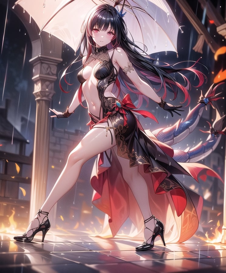 (masterpiece, best quality:1.3, ultra-realistic, 8k, photoshop, realistic illustration,) 1girl,medieval town, dragon tail,light skin,reflection,black dress, shiny skin,sunshine ,rain, flames, w arms,stomach,stocking, heels,medium breasts, black hair, pale skin,, long gloves, dance pose,