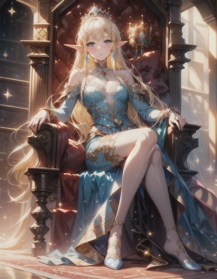 (masterpiece, best quality:1.3, ultra-realistic, 8k, photoshop, realistic illustration,) 1girl, pale skin, skinny, blush, shiny hair,light,crown ,dust particles,yellow hair,princess dress, blue eyes, elf, throne, white  room, red rug, lamps, ,FFIXBG