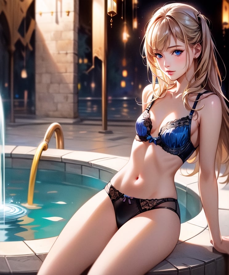 (masterpiece, best quality:1.3, ultra-realistic, 8k, photoshop, realistic illustration) 1girl, young girl,small girl,loli, flat chest, cleavage, latex underwear,nun dress, skinny, golden hair, blue eyes,fountain,old town background