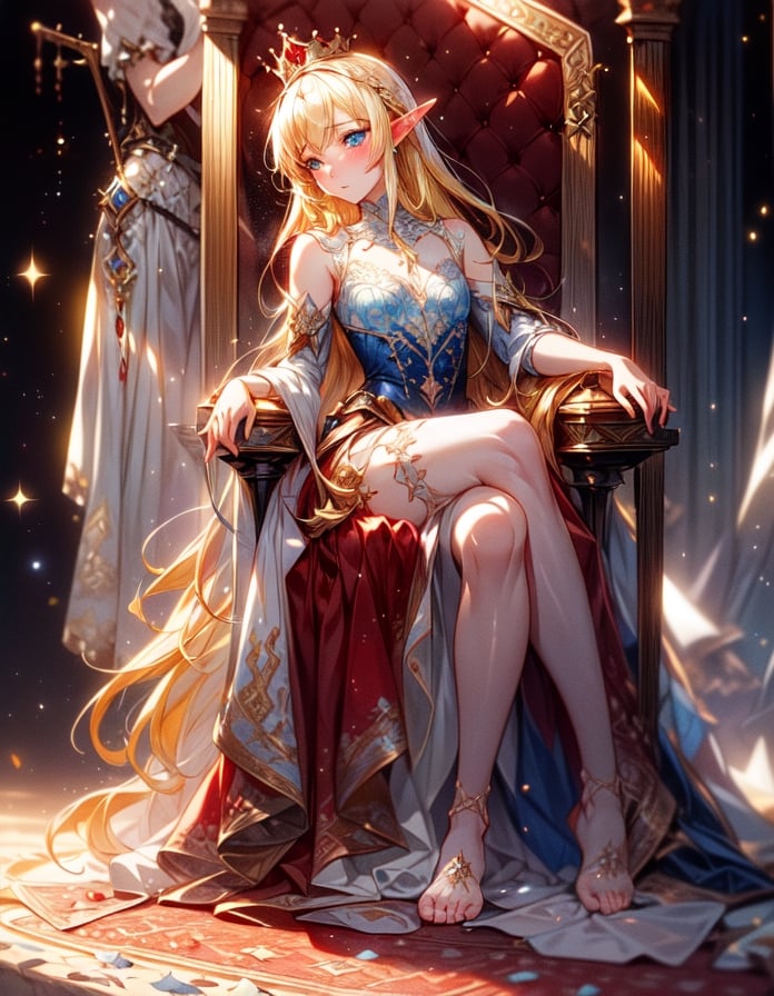 (masterpiece, best quality:1.3, ultra-realistic, 8k, photoshop, realistic illustration,) 1girl, pale skin, skinny, blush, shiny hair,light,crown ,dust particles,yellow hair,princess dress, blue eyes, elf, throne, white  room, red rug, lamps, ,FFIXBG