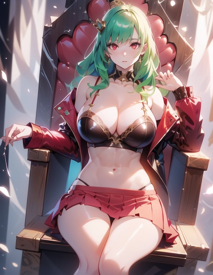 (masterpiece, best quality:1.3, ultra-realistic, 8k, photoshop, realistic illustration,) 1girl, pale skin, skinny, red skirt,latex clothes, cleavage, abs, big breasts, big thighs, green hair, red eyes, throne,clastle room,Nagatiti,paw print,1 girl