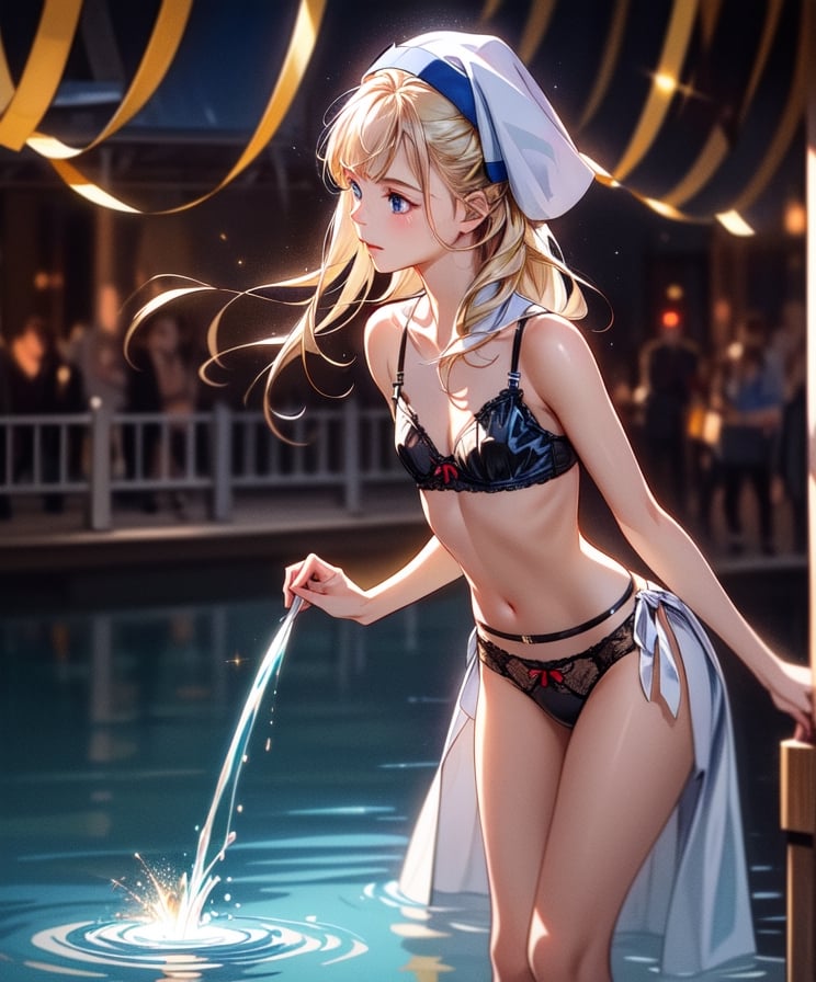 (masterpiece, best quality:1.3, ultra-realistic, 8k, photoshop, realistic illustration) 1girl, young girl,small girl,loli, flat chest, cleavage, latex underwear,nun dress, skinny, golden hair, blue eyes,fountain,old town background